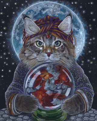 The Fortune Teller Cat, 8x10 Print from my Original pencil drawing, Cat Mom Art, Cat Lover, Art Moon Cat, Maine Coone Cat, Crystal Ball, Art - image2